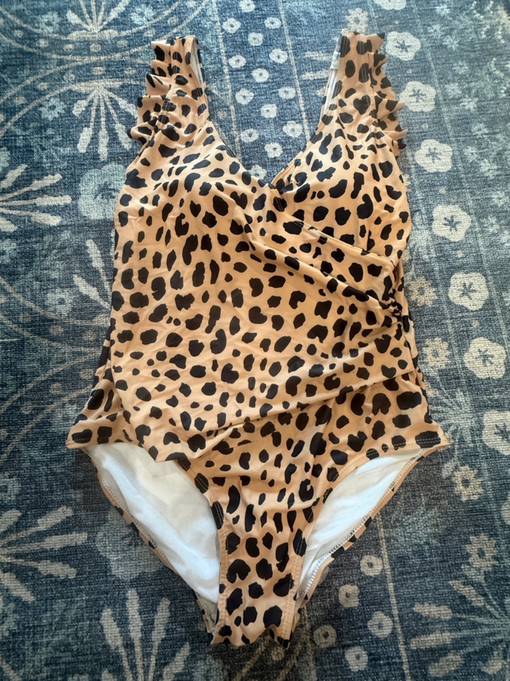 Leopard Print Ruched One-Piece Swimsuit - Tan/Black